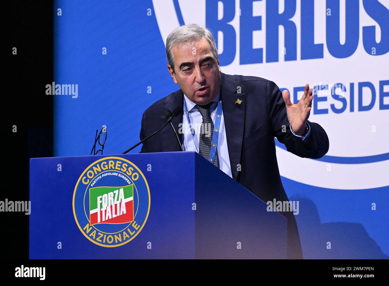 Rom, Italien. Februar 2024. Maurizio Gasparri während des Nationalkongresses Forza Italia am 24. Februar 2024 im Palazzo dei Congressi in Rom, Italien. Quelle: Live Media Publishing Group/Alamy Live News Stockfoto