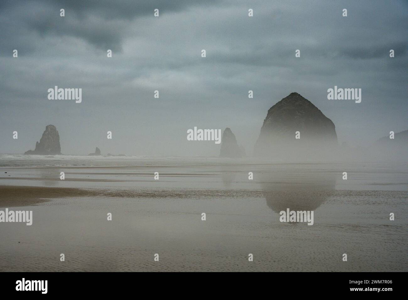 Moody Fog liegt am Cannon Beach an der Küste Oregons Stockfoto