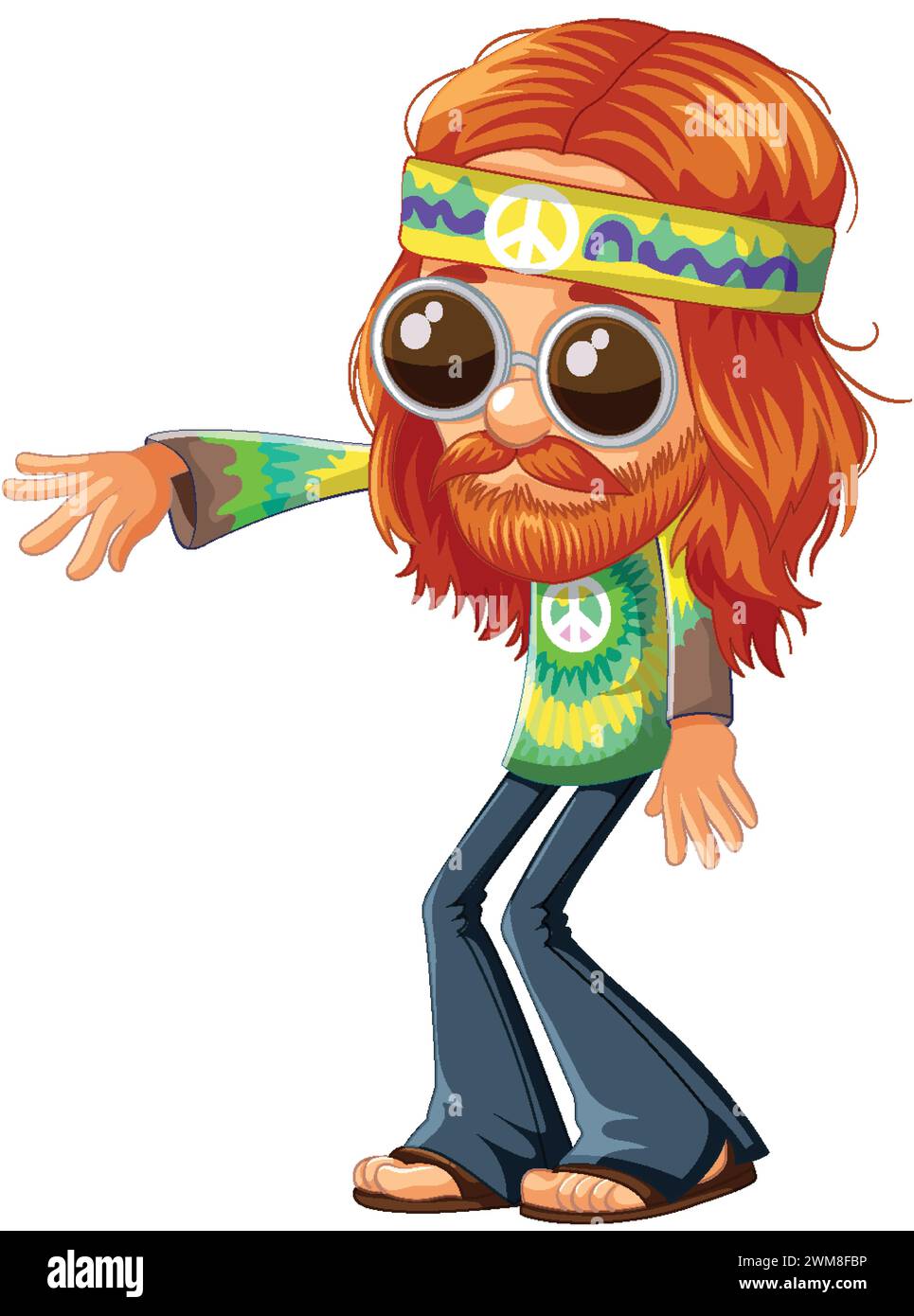 Cartoon-Hippie mit Bart, Sonnenbrille und Friedenszeichen. Stock Vektor