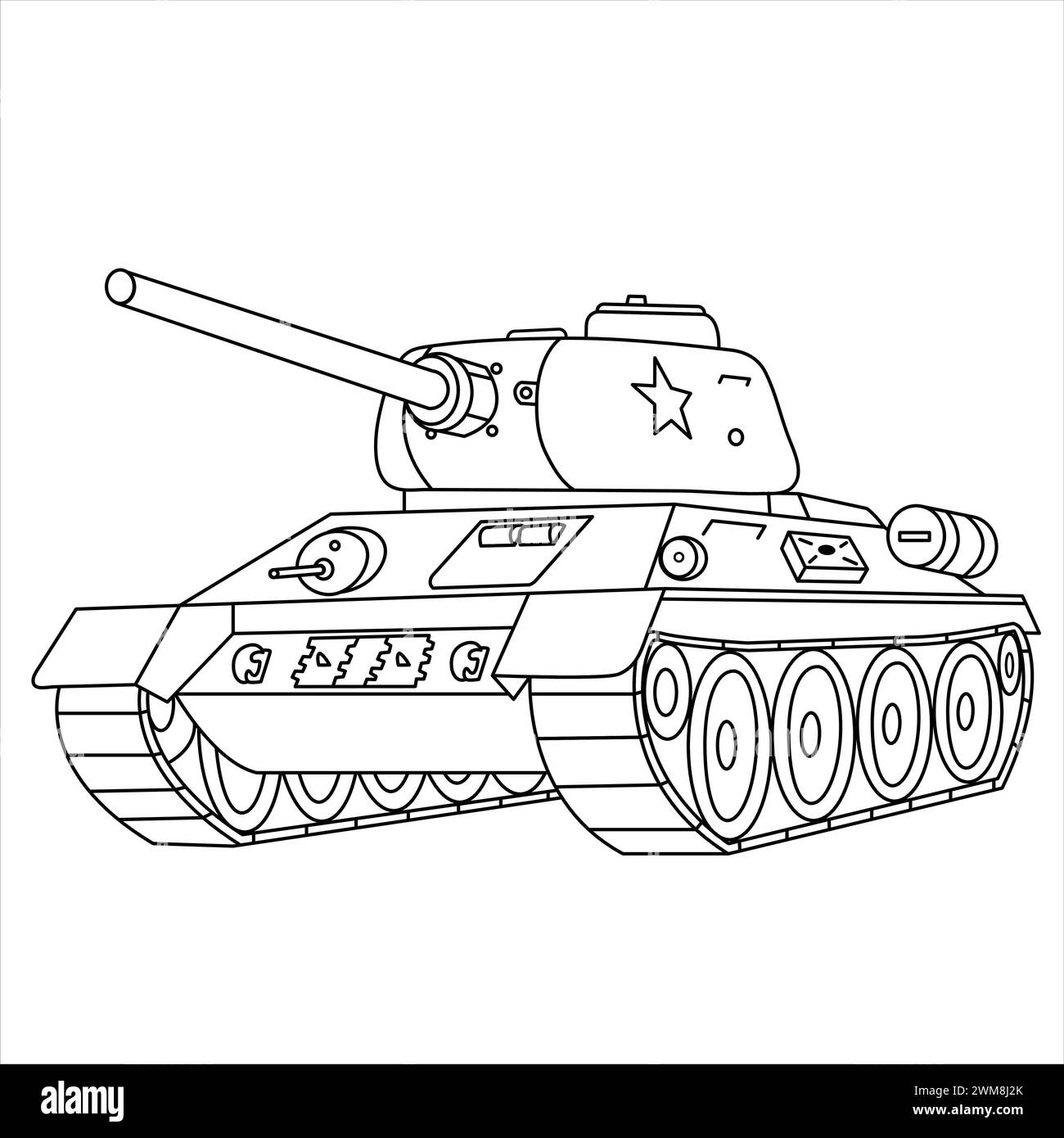 Sowjetischer Panzer T-34. Malbuch Für Militärfahrzeuge Für Kinder Und Erwachsene. Russischer Kampfpanzer aus dem Zweiten Weltkrieg isoliert auf weißem Hintergrund. Tankzeichnung Stock Vektor