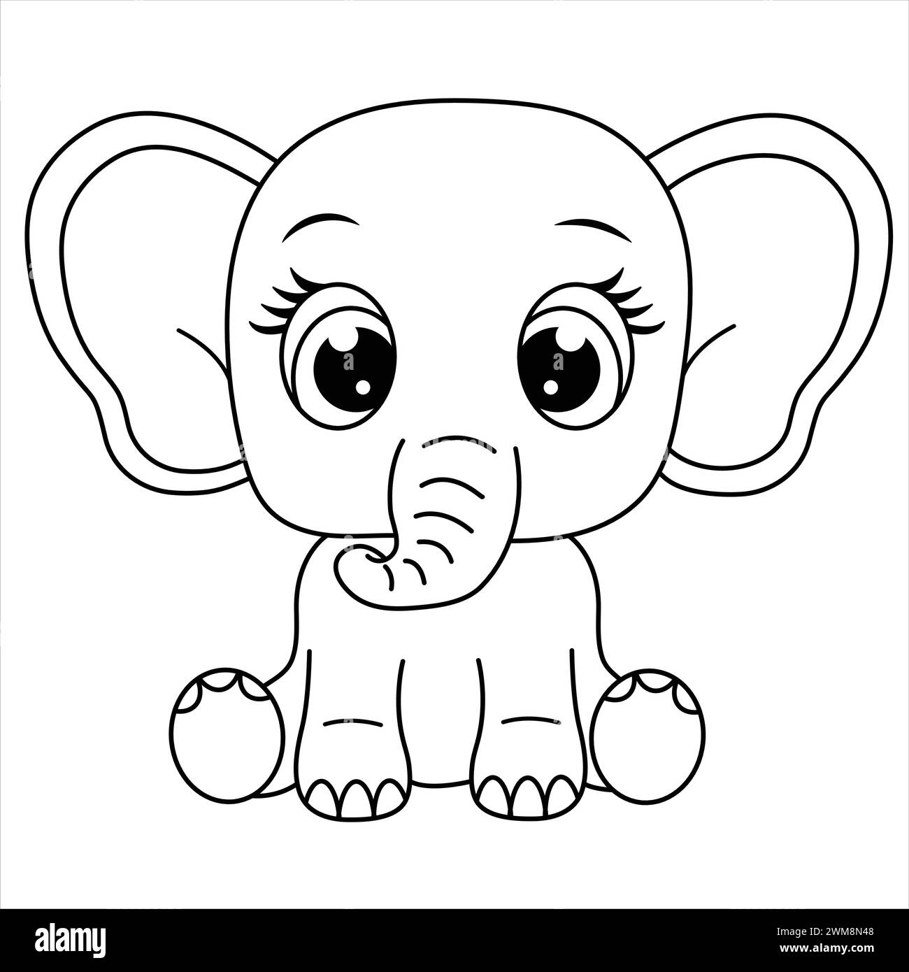 Ausmalseite Für Süße Elefanten. Zeichentrickfilm Baby Elefant Illustration Für Kinder. Safari Tiermalbuch. Schwarzweiß-Strichgrafik Stock Vektor