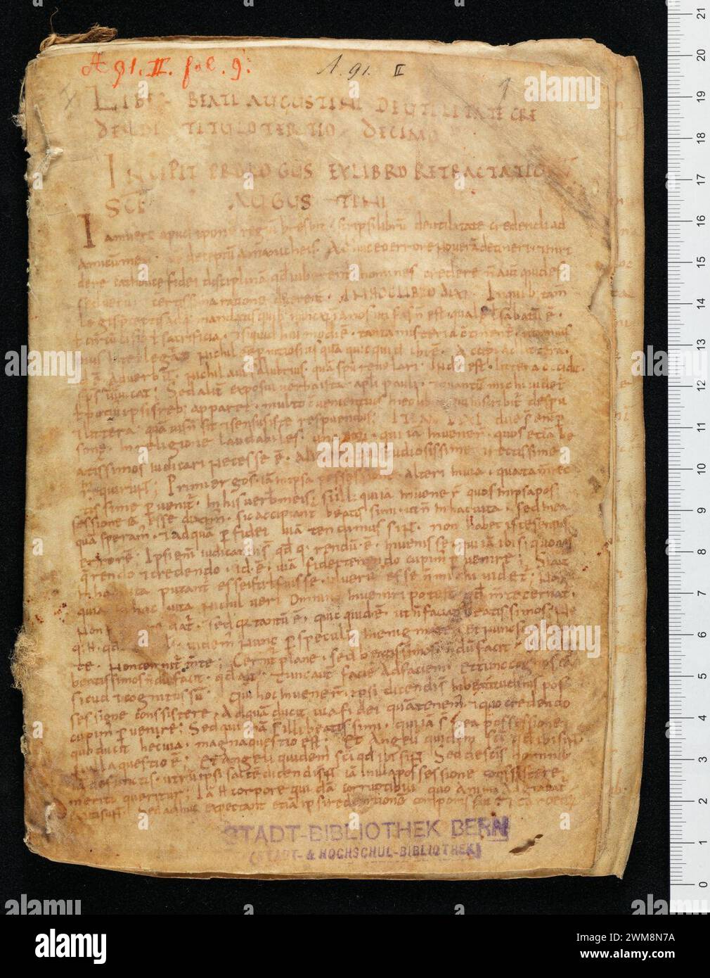 Csb. A 91.2, f. 1r – Augustinus Retractationes, Texte zur Evangeliumsexegese, Opus incertum de virtutibus et vitiis (Fragment). Stockfoto