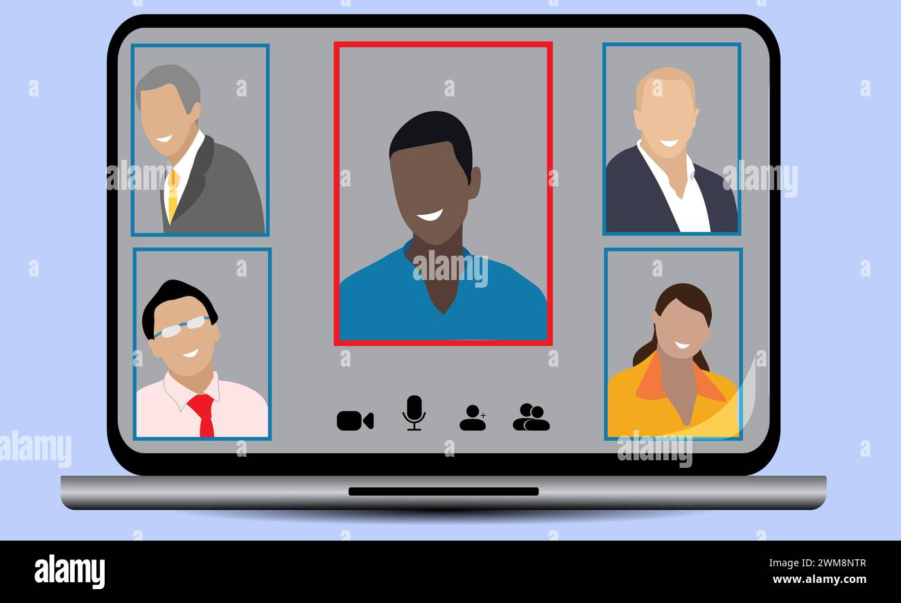 Laptop-Bildschirm, der Geschäftsleute bei einem Telefongespräch zeigt, Büromitarbeiter, die an einem entfernten Standort arbeiten, haben eine Videokonferenz, VoIP-Anruf Stock Vektor