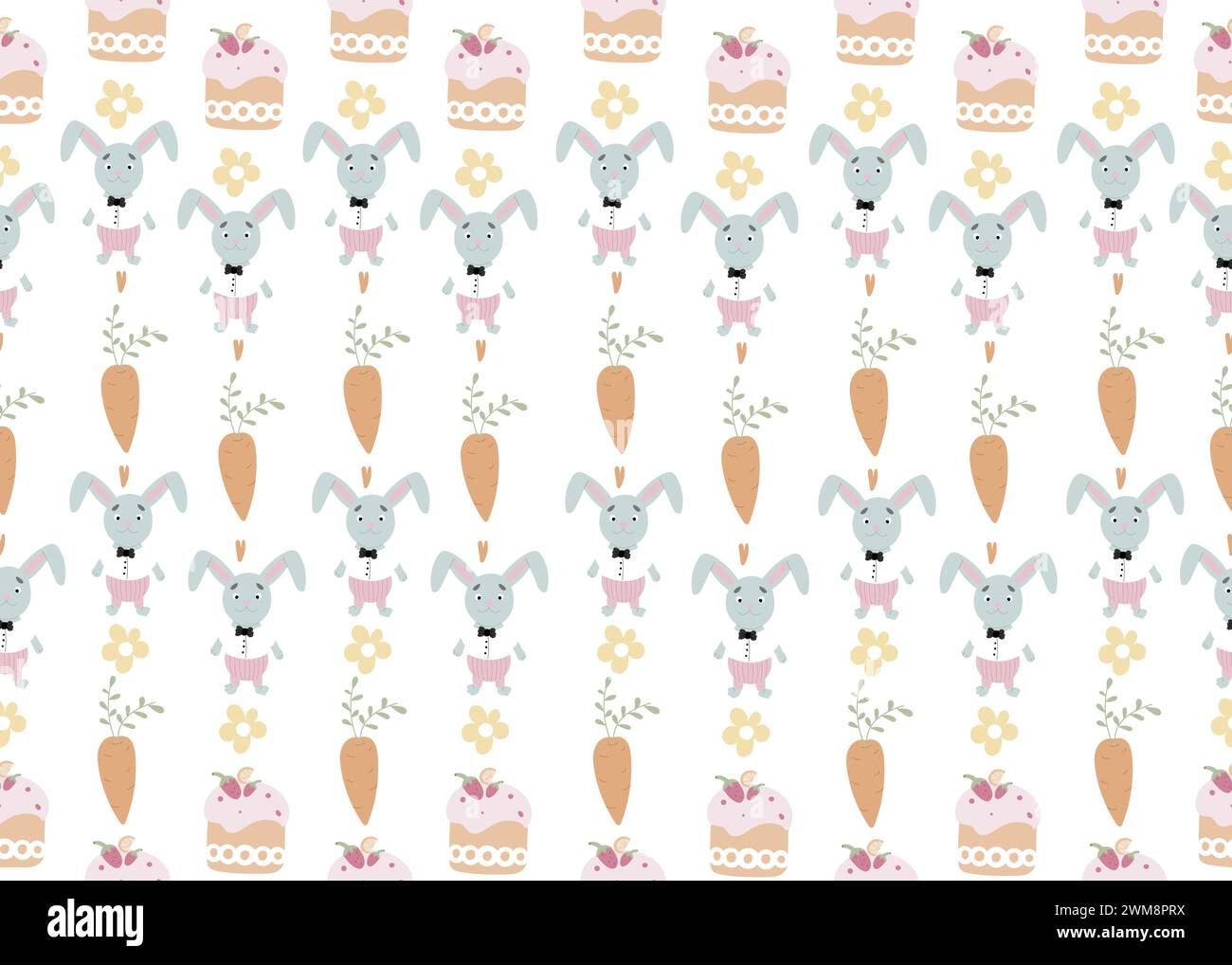 Nahtloses Muster mit Kaninchen, Karotten, osterkuchen auf weißem Hintergrund Vektor-Illustration. Niedliche Zeichentrickfigur. Stock Vektor