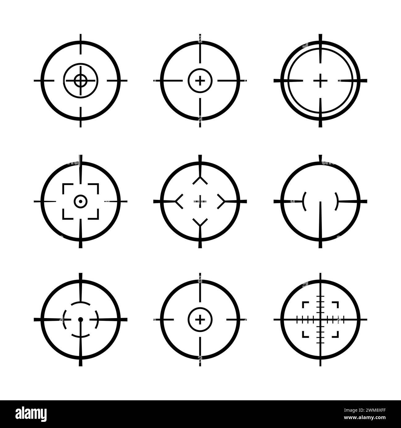 Zielsymbole Militär Set. Fadenkreuz Zielwaffe Scharfschütze Armee Visier für Waffe oder Gewehr Stock Vektor