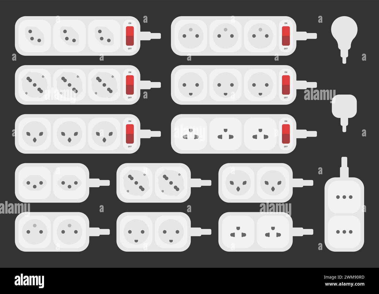 Steckdose Stecker Verlängerungsstreifen Weltstandards französisch schweizer Satz Vektor flache Illustration Stock Vektor