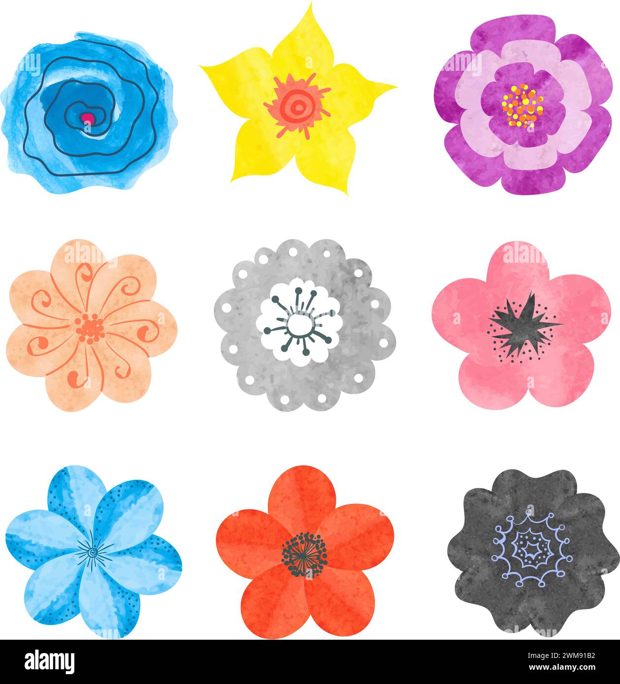 Sammlung abstrakter Aquarellblumen isoliert auf weißem Hintergrund. Wunderschönes Blumenset. Vektorabbildungen Stock Vektor