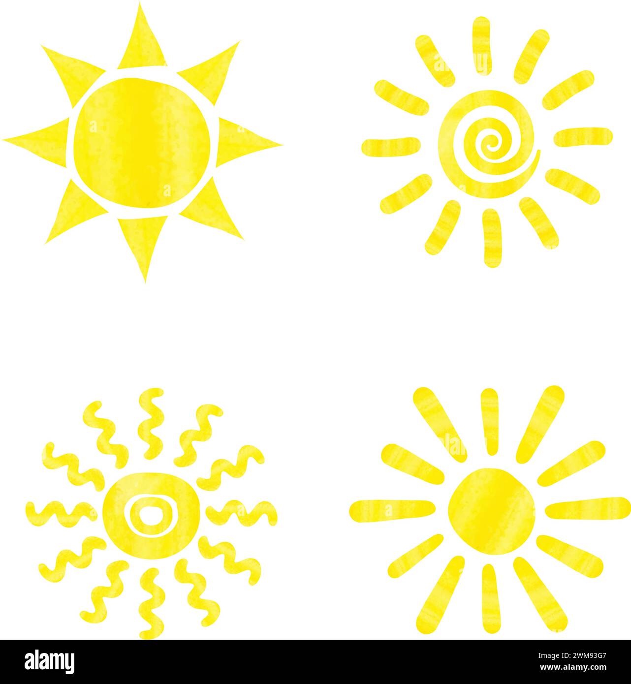 Set mit Sonnensymbolen in Aquarellen. Sammlung von handgezeichneten Symbolen. Illustration des Sonnenvektors Stock Vektor