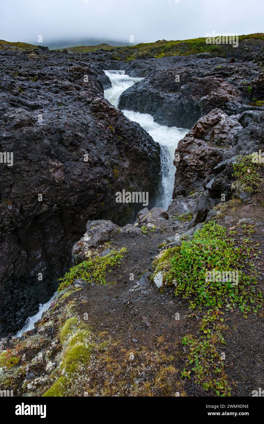 Der Wasserfall Qolortorsuaq fällt an einem regnerischen Tag über dunklem Felsen. Niedrige Wolke hängt im Hintergrund. Sisimiut, Grönland. Stockfoto