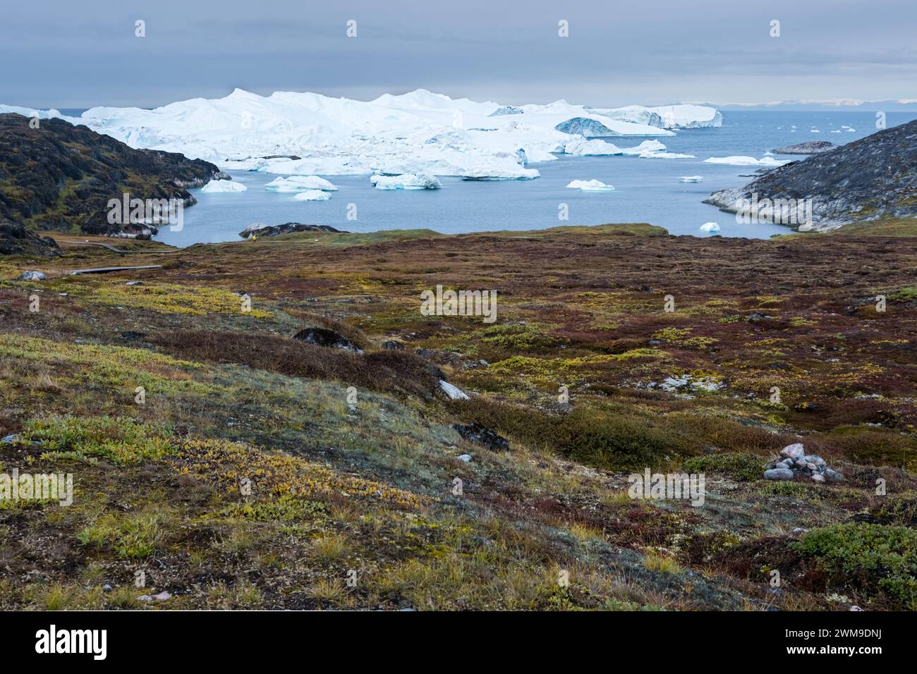 Riesige Eisblöcke und Eisberge schweben vom Eisfjord in der Nähe von Illulisat bei Sermermiut ins Meer. Blick auf die Tundra-Vegetation bis zum Blue R Stockfoto