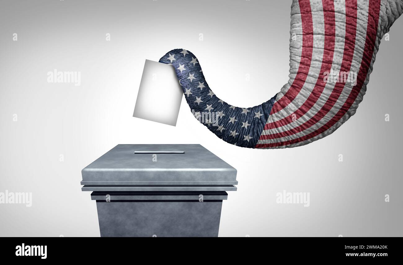 Die US-Konservativen stimmen als Elefant mit amerikanischer Flagge an einer Wahlurne ab, die US-Konservative oder rechtsrepublikanische Wähler während einer PR repräsentiert Stockfoto