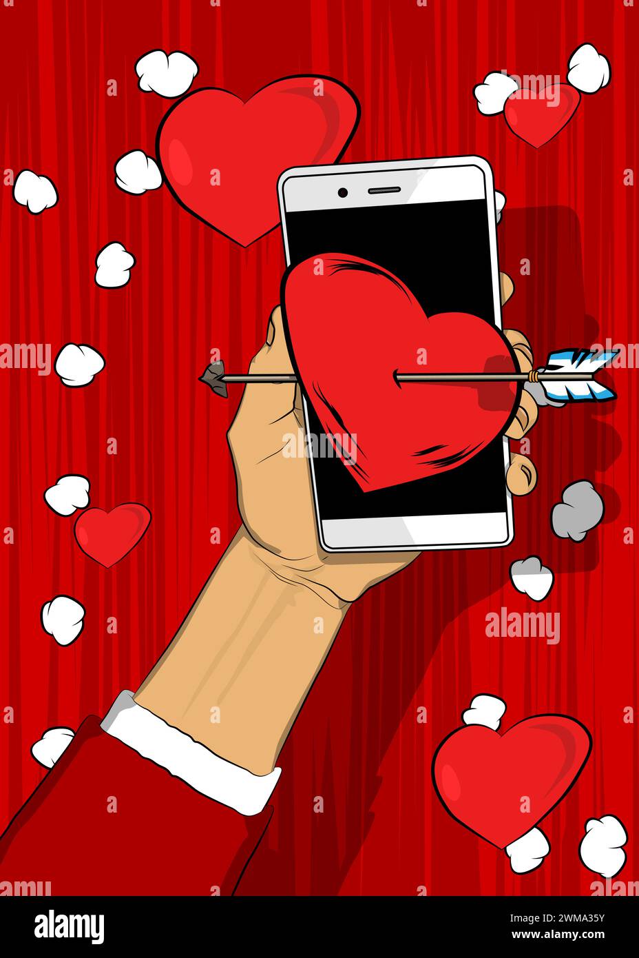 Cartoon Smartphone, Comic-Buch Telefon mit Pfeil Herz. Retro-Vektor-Comics Pop Art Mobile Valentinstag Design. Stock Vektor
