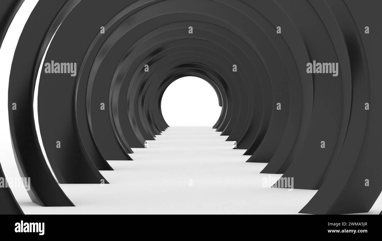 Schwarzer Kreis Korridor weißer Boden bewegt sich innerhalb und zurück 3D-Rendering Stockfoto