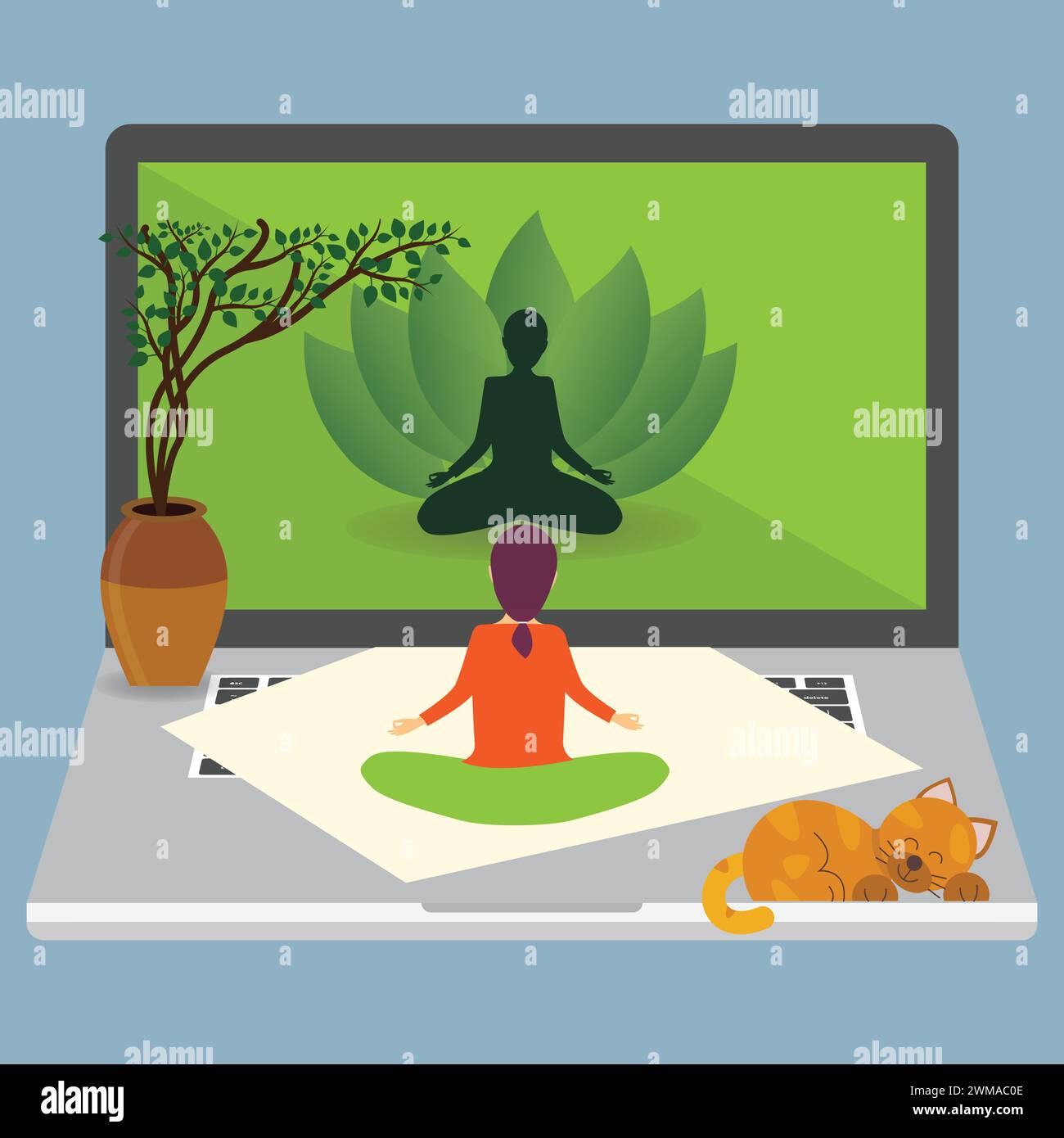 Frau sitzt in Lotusposition auf einer Matte auf einem großen Laptop und schaut auf den Bildschirm, Online-Yoga-Konzept Stock Vektor