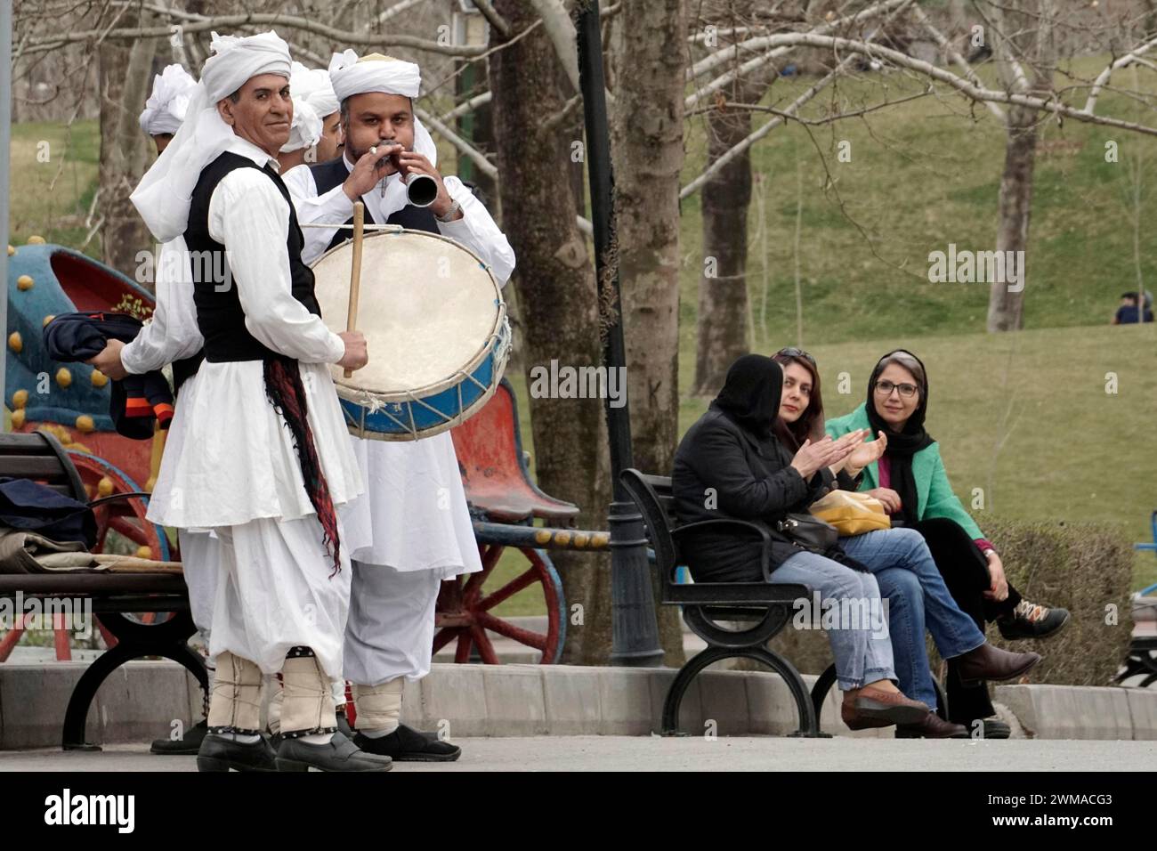 Musiker in traditioneller Kleidung spielen Musik in einem Park in Teheran, Iran, Frau, 14.03.2019 Stockfoto