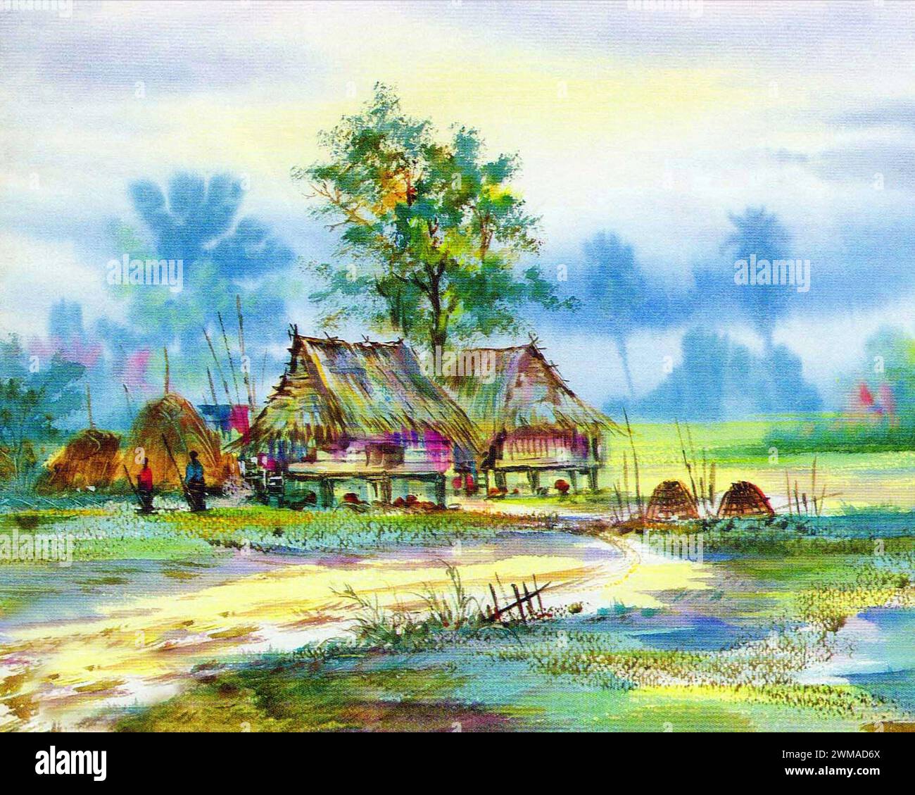 Original Kunst Aquarell Malerei Thailand Landschaft Stockfoto