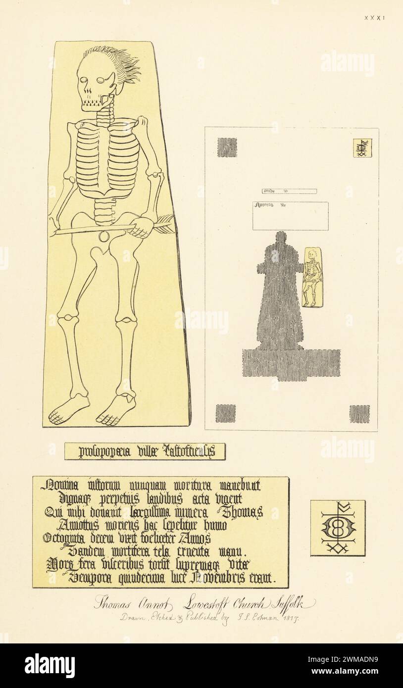 Monumentalbläser von Thomas Annot, Kaufmann und Gymnasialgründer, starb 1577. Ein Skelett mit Pfeil (Tod) ist alles, was übrig bleibt. Lowestoft Church, Suffolk. Handgetönter Kupferstich gezeichnet, geätzt und veröffentlicht von John Sell Cotman in Gravuren der bemerkenswertesten Grabesen in Suffolk, Henry Bohn, London, 1818. Stockfoto