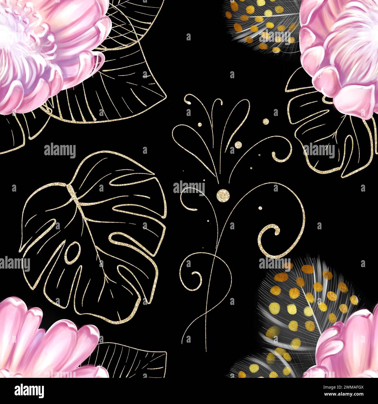 Nahtloses Aquarellmuster mit tropischen rosa Protea-Blüten, schwarzen Federn und goldenen Monsterablättern auf schwarzem Hintergrund. Luxuriöses Design. Ideal für Stockfoto