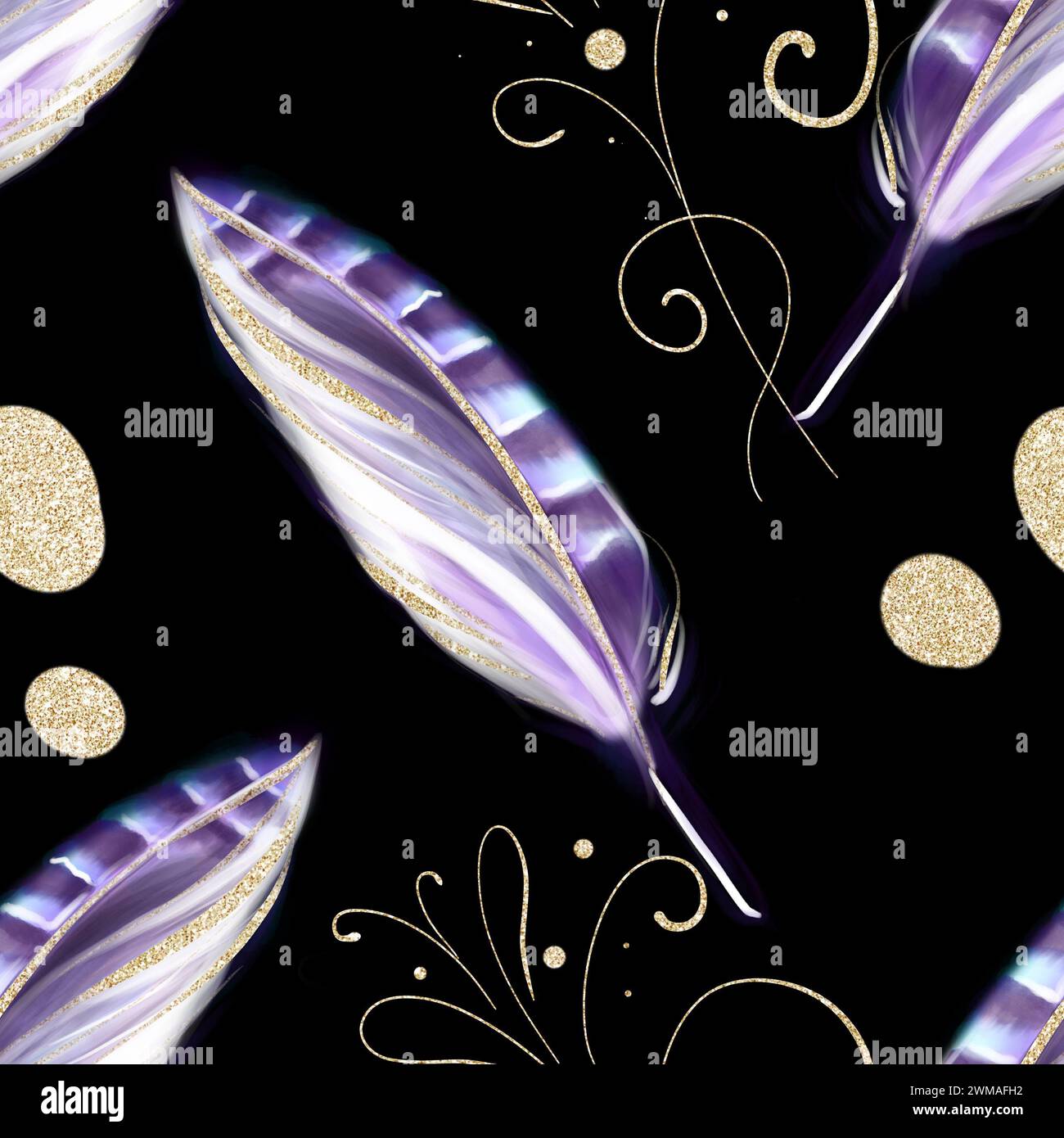 Nahtloses Aquarellmuster mit lila Fasanenfedern auf schwarzem Hintergrund. Luxuriöses Design. Ideal für Textilien, Verpackungen und Bedrucken. Stockfoto