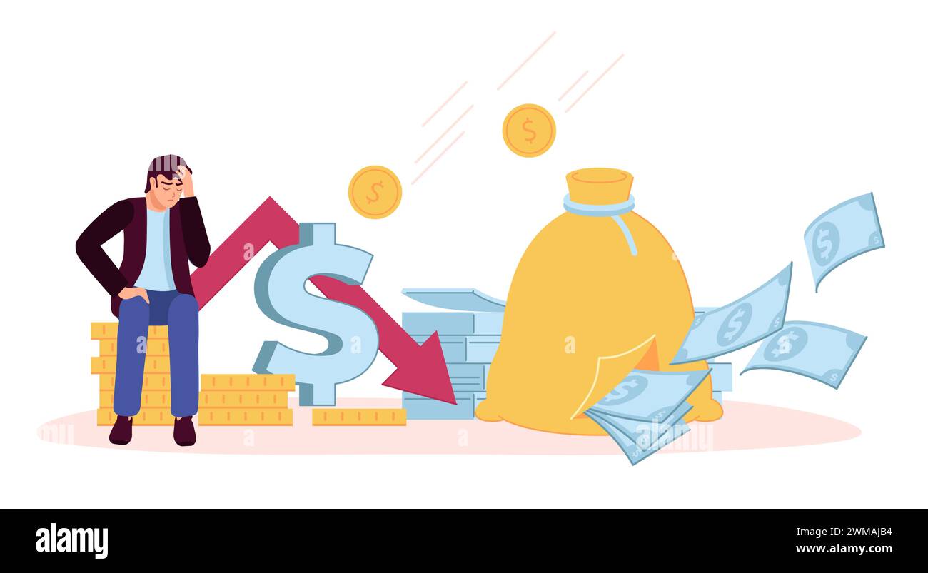 Konkurs- und Inflationsgeschäft, Mann in Depression Stock Vektor