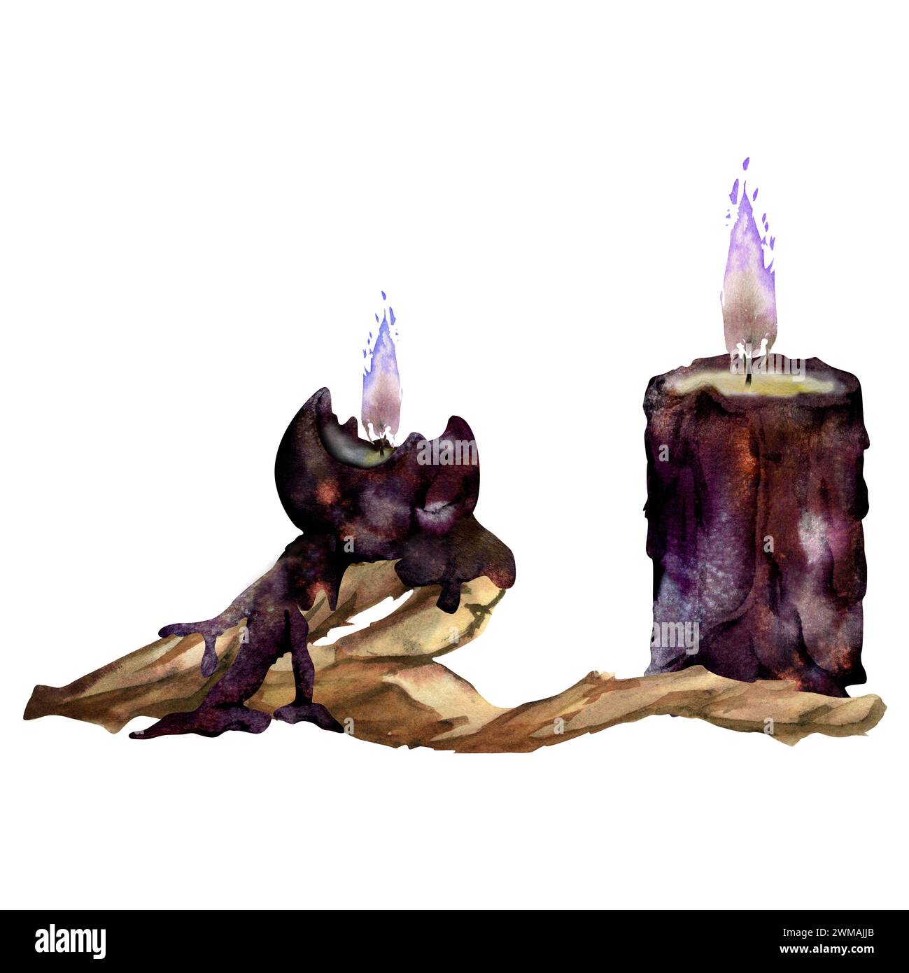 Handgezeichnete Aquarell-Meerhexen-Altar-Objekte. Brennende Säulen- und Kugelvotivkerzen auf Moor-Treibholz, Gothic-lila. Zusammensetzung isoliert auf weiß Stockfoto