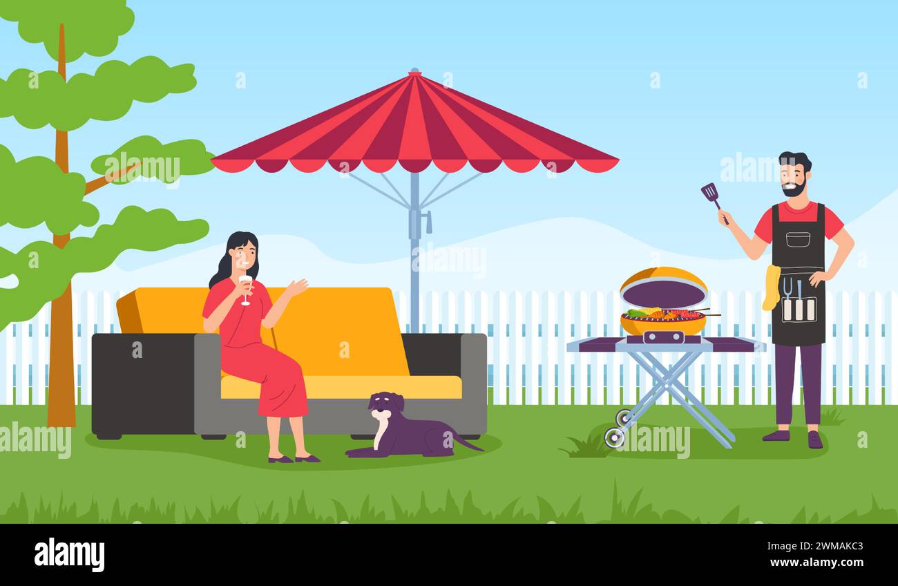 Familienparty mit Grill. Picknick im Freien mit grill Stock Vektor