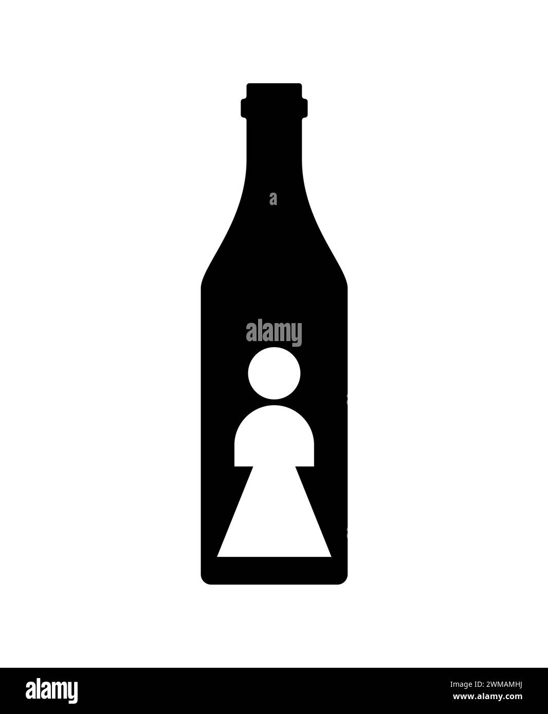 Das weibliche Alkoholismus-Zeichen. Mädchen und Alkoholflasche Symbol. Konzeptillustration von Logo-Frau und Wein. Unheilbare Krankheit für Frauen Stock Vektor