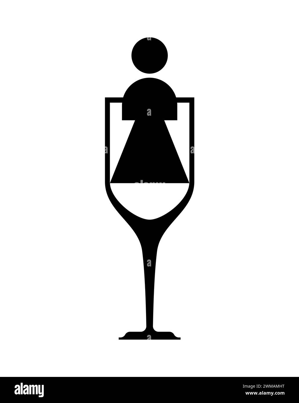 Das weibliche Alkoholismus-Zeichen. Mädchen und Alkoholflasche Symbol. Konzeptillustration von Logo-Frau und Wein. Unheilbare Krankheit für Frauen Stock Vektor