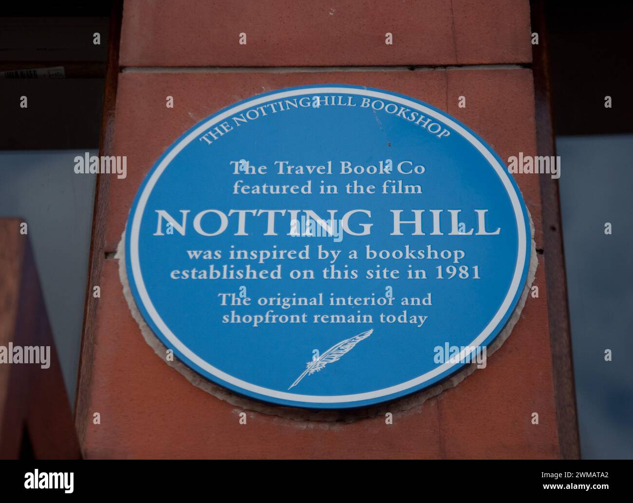 Plakette für den Buchladen von Notting Hill, Notting Hill, Royal Borough of Kensington und Chelsea, London, Großbritannien Stockfoto
