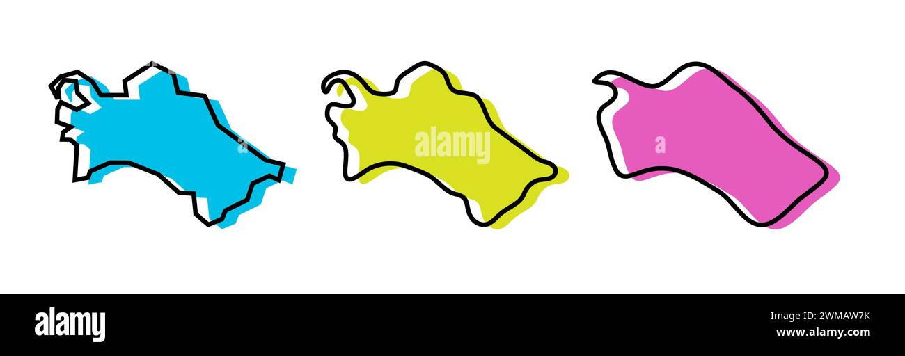 Türkmenistanisches Land schwarze Umrisse und farbige Land-Silhouetten in drei verschiedenen Ebenen der Glätte. Vereinfachte Karten. Vektorsymbole isoliert auf weißem Hintergrund. Stock Vektor