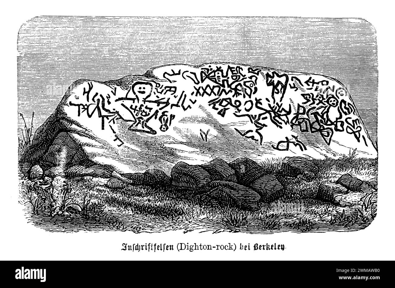 Die Petroglyphen auf dem Dighton Rock in Berkley, Massachusetts, sind eine Sammlung mysteriöser Inschriften und Schnitzereien, die auf einem 40 Tonnen schweren Felsbrocken am Ufer des Taunton River gefunden wurden. Diese Petroglyphen faszinieren Archäologen, Historiker und Enthusiasten seit Jahrhunderten mit Theorien über ihre Ursprünge, die von indianischen Stämmen bis zu nordischen Entdeckern reichen. Der Felsen weist eine komplexe Auswahl an Symbolen, Figuren und Inschriften auf, die im Laufe der Jahre verschiedenen Interpretationen unterzogen wurden. Einige Wissenschaftler vermuten, dass die Markierungen indigener amerikanischer Herkunft sind Stockfoto