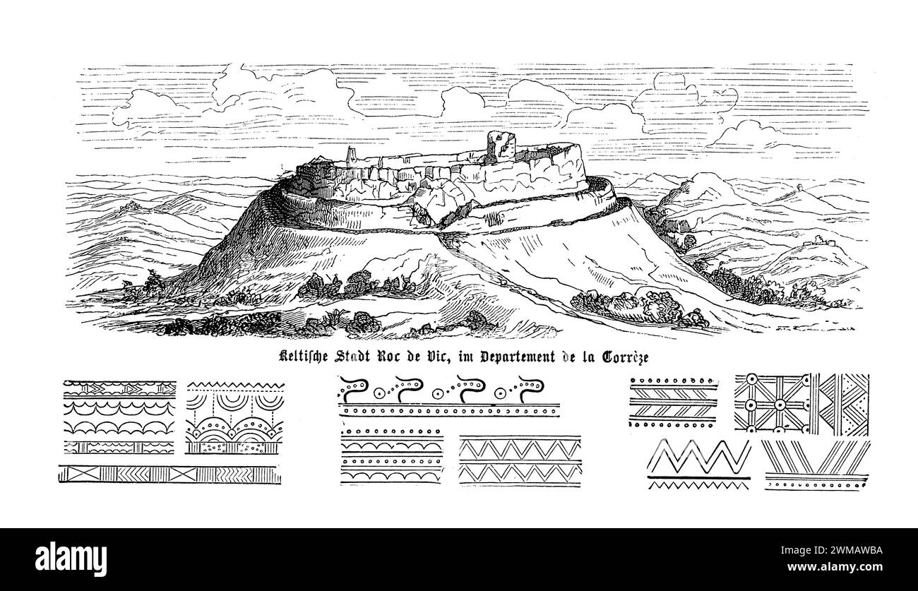 Die keltische Stadt Roche de Vic im Département de la Corrèze in Frankreich ist eine bedeutende archäologische Stätte, die einen Einblick in das Leben und die Kultur der alten keltischen Gesellschaften in der Region bietet. Diese Stätte, die oft weniger in den archäologischen Diskursen dokumentiert ist, bietet wertvolle Einblicke in die Organisation, Wirtschaft und das tägliche Leben einer keltischen Gemeinschaft. Die Stadt befindet sich in einer strategischen Lage, die sowohl Verteidigungsvorteile als auch Kontrolle über Handelsrouten bot. Archäologische Ausgrabungen bei Roche de Vic haben Überreste von Befestigungen, Wohnungen, A entdeckt Stockfoto