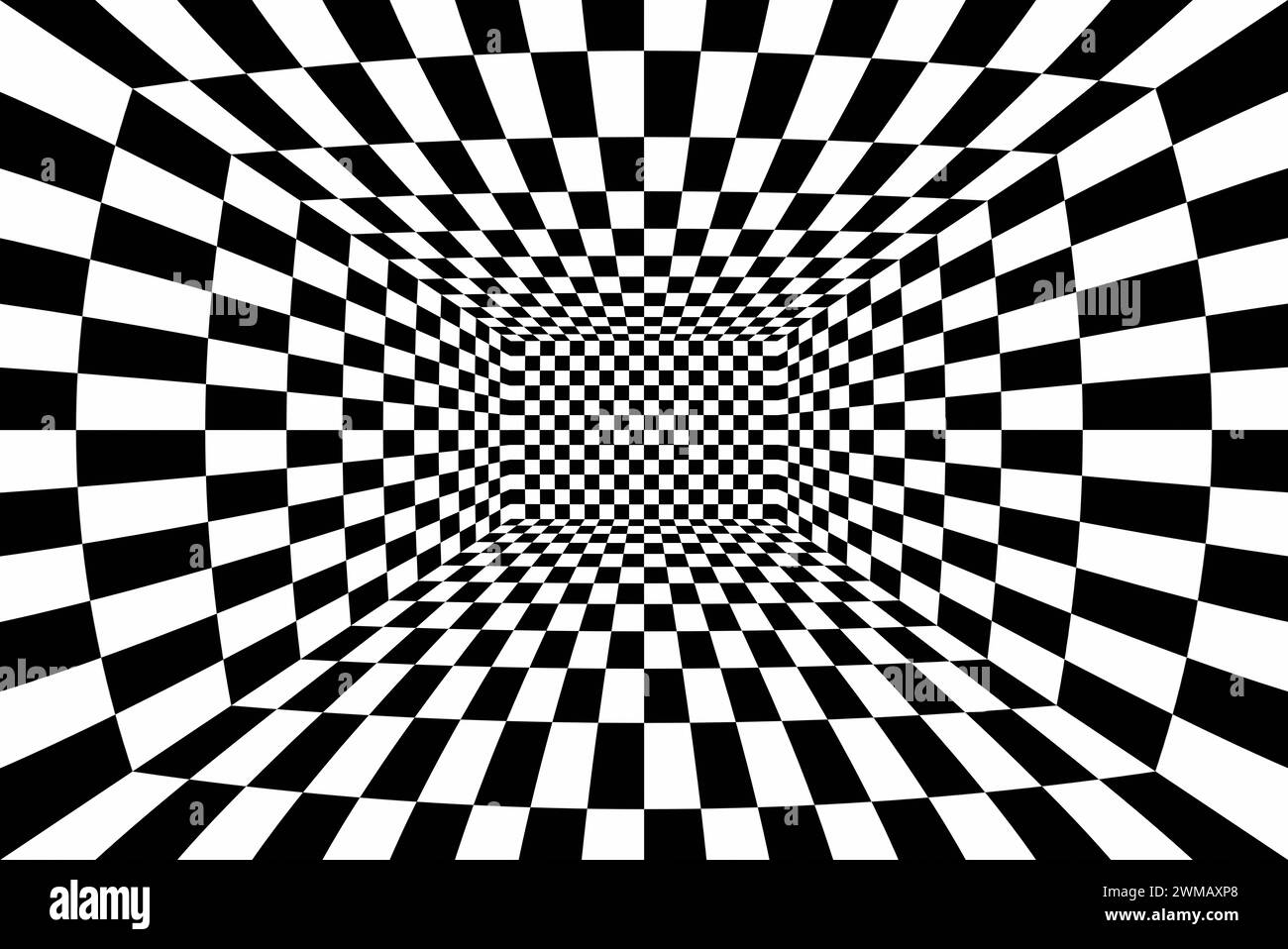 Schwarz-weißer psychedelischer Schachbretthintergrund. Stockfoto