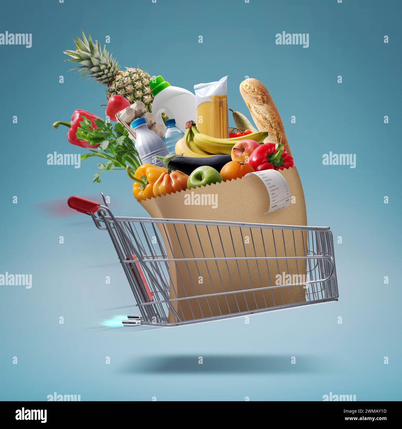 Schneller, mit Raketen angetriebener Einkaufswagen, der frische Lebensmittel liefert, Online-Lebensmitteleinkäufe und Expresslieferkonzept Stockfoto