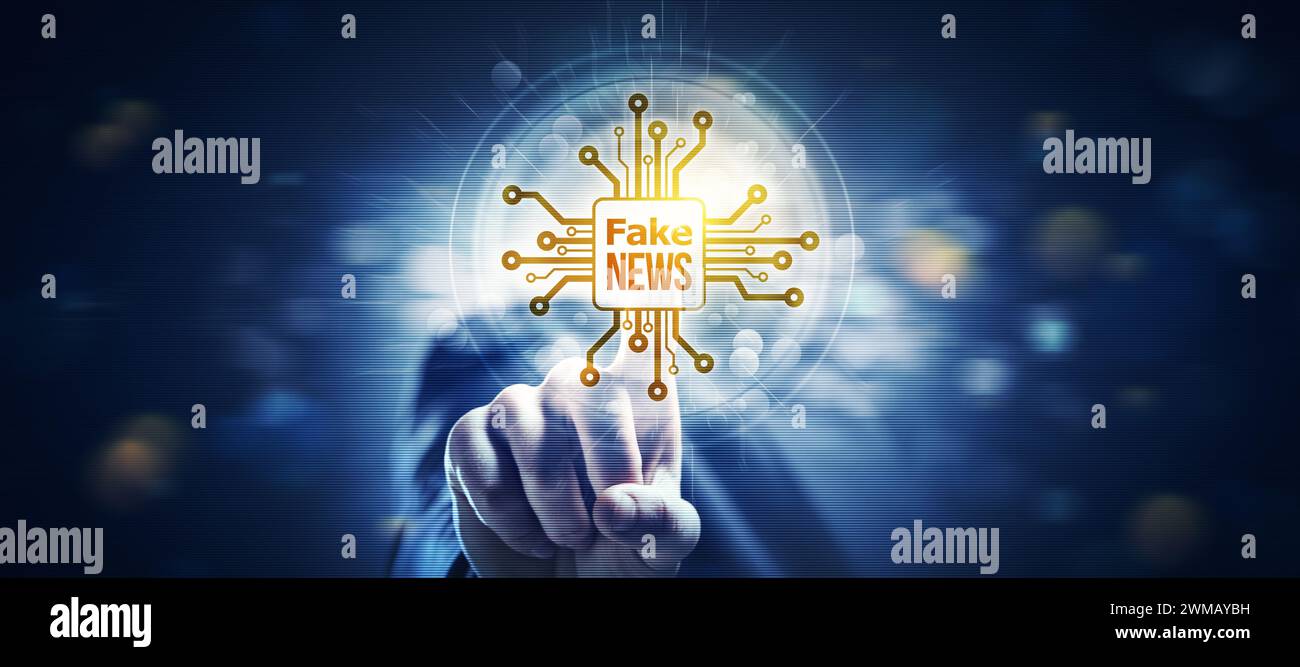 Ein Mann, der einen KI-Chip mit Fake News berührt, KI-generiertes Fake News-Konzept Stockfoto
