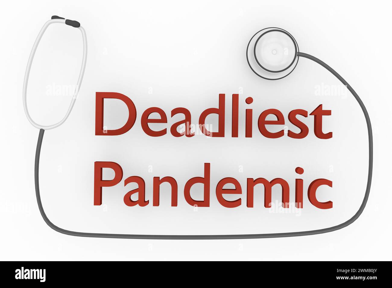 3D-Illustration der tödlichsten Pandemie-Schrift mit Stethoskop, isoliert auf hellgrauem Hintergrund. Stockfoto