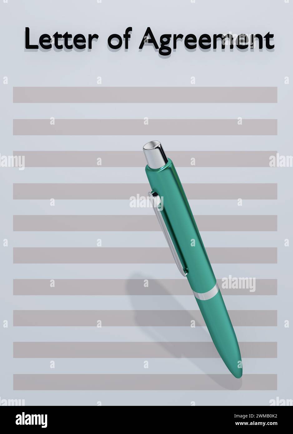 3D-Abbildung eines Stifts über einem blassblauen Blatt Papier mit der Überschrift Letter of Agreement Stockfoto