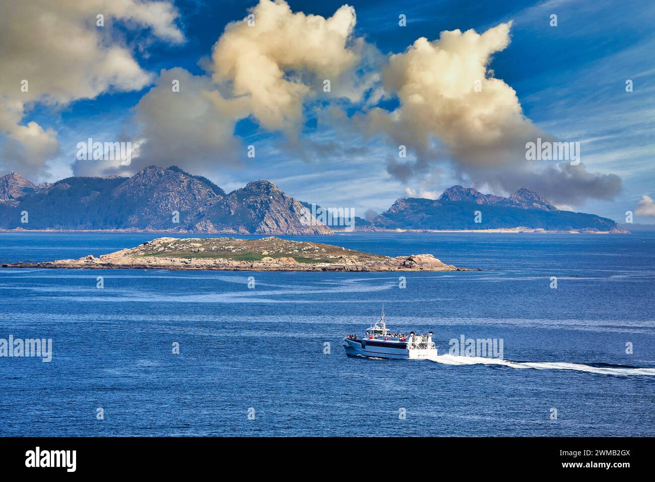 Cies-Inseln, von Baiona aus gesehen, Pontevedra, Galicien, Spanien Stockfoto