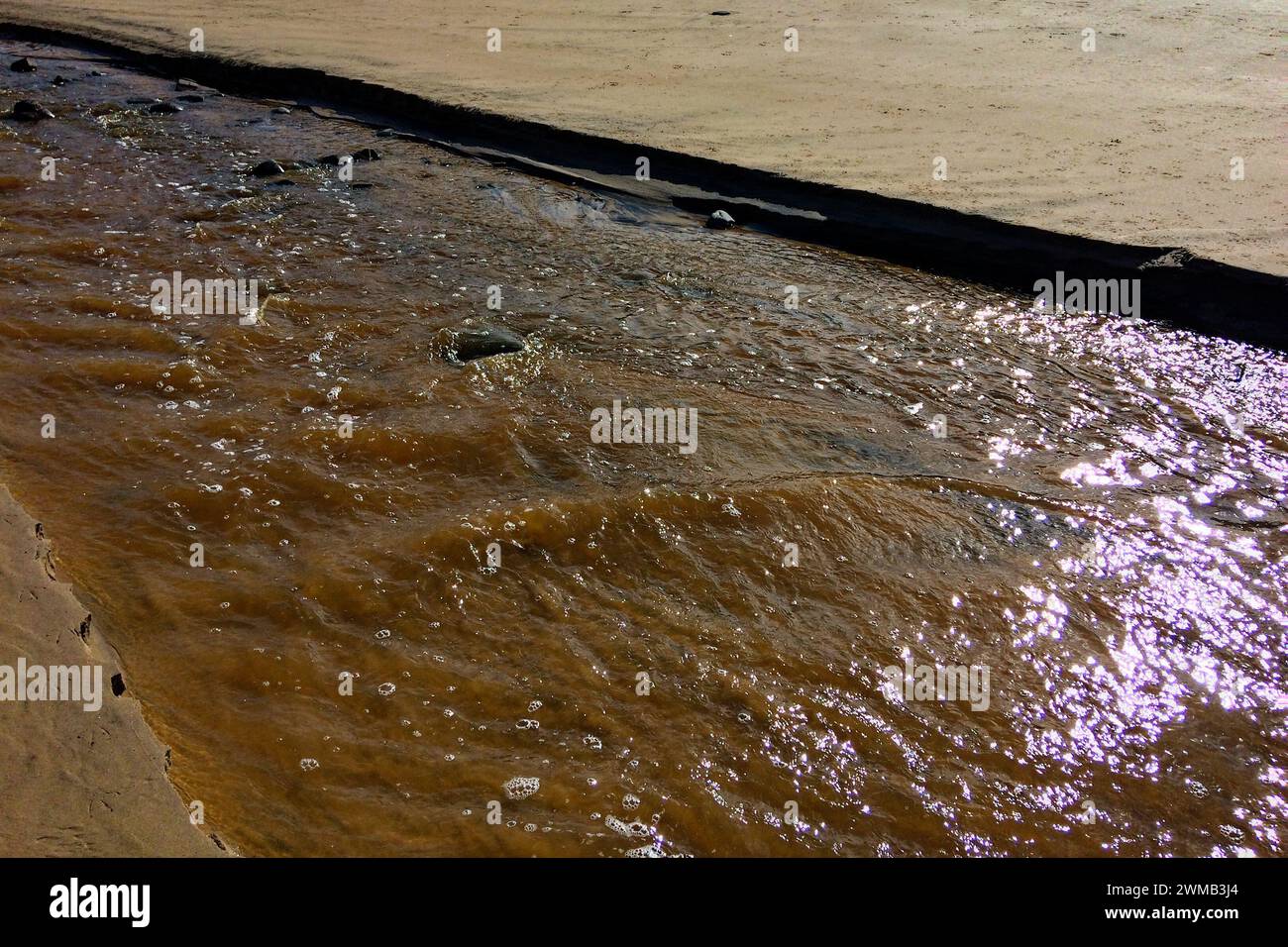 Das Bild zeigt einen schlammigen Bach, der über eine sandige Oberfläche fließt, wobei das Sonnenlicht den nassen Schlamm und das Wasser reflektiert. Stockfoto
