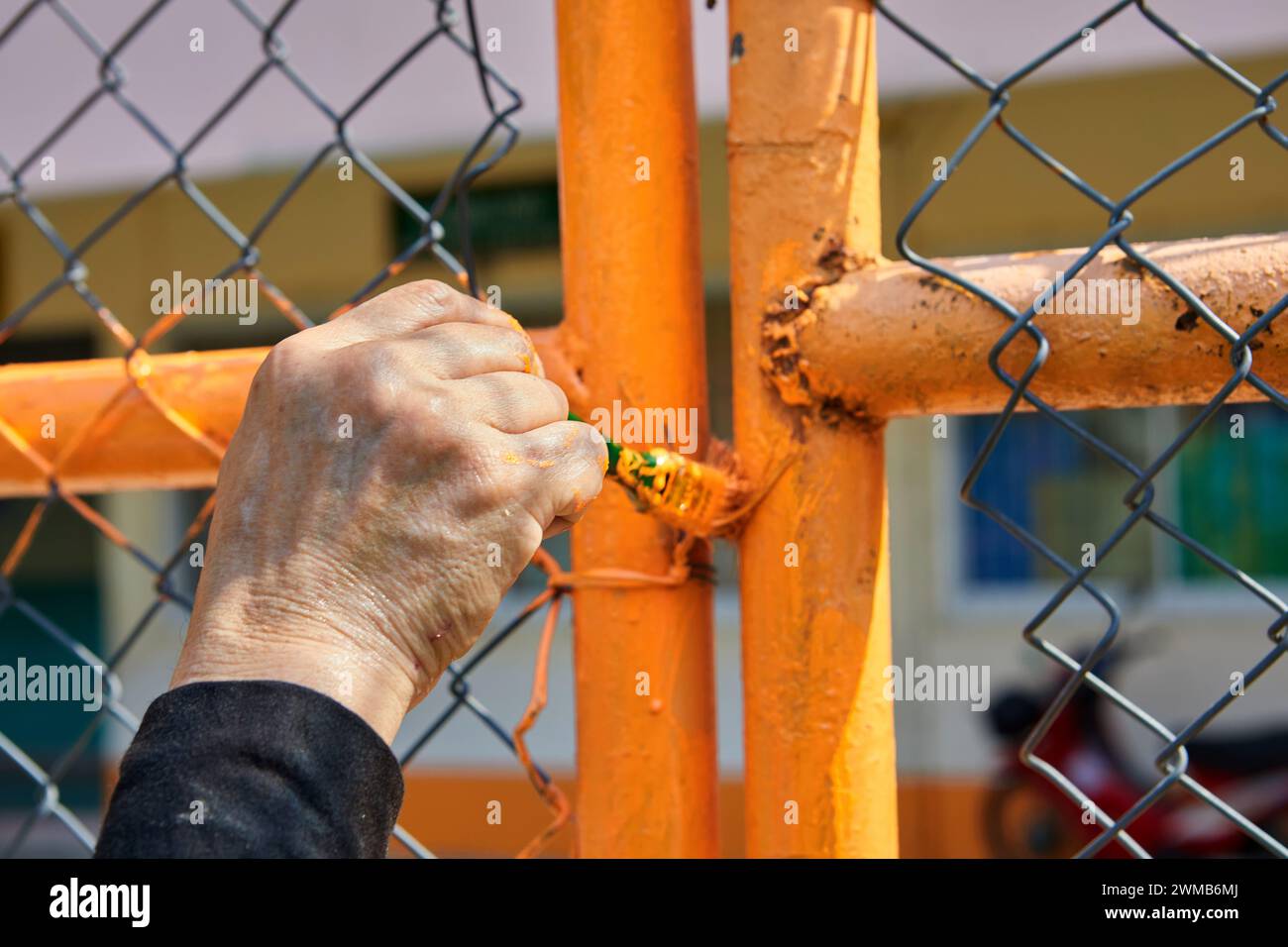 Abgeschnittene Hand eines Mannes, der Farbe auf den Kettengliedzaun malte Stockfoto