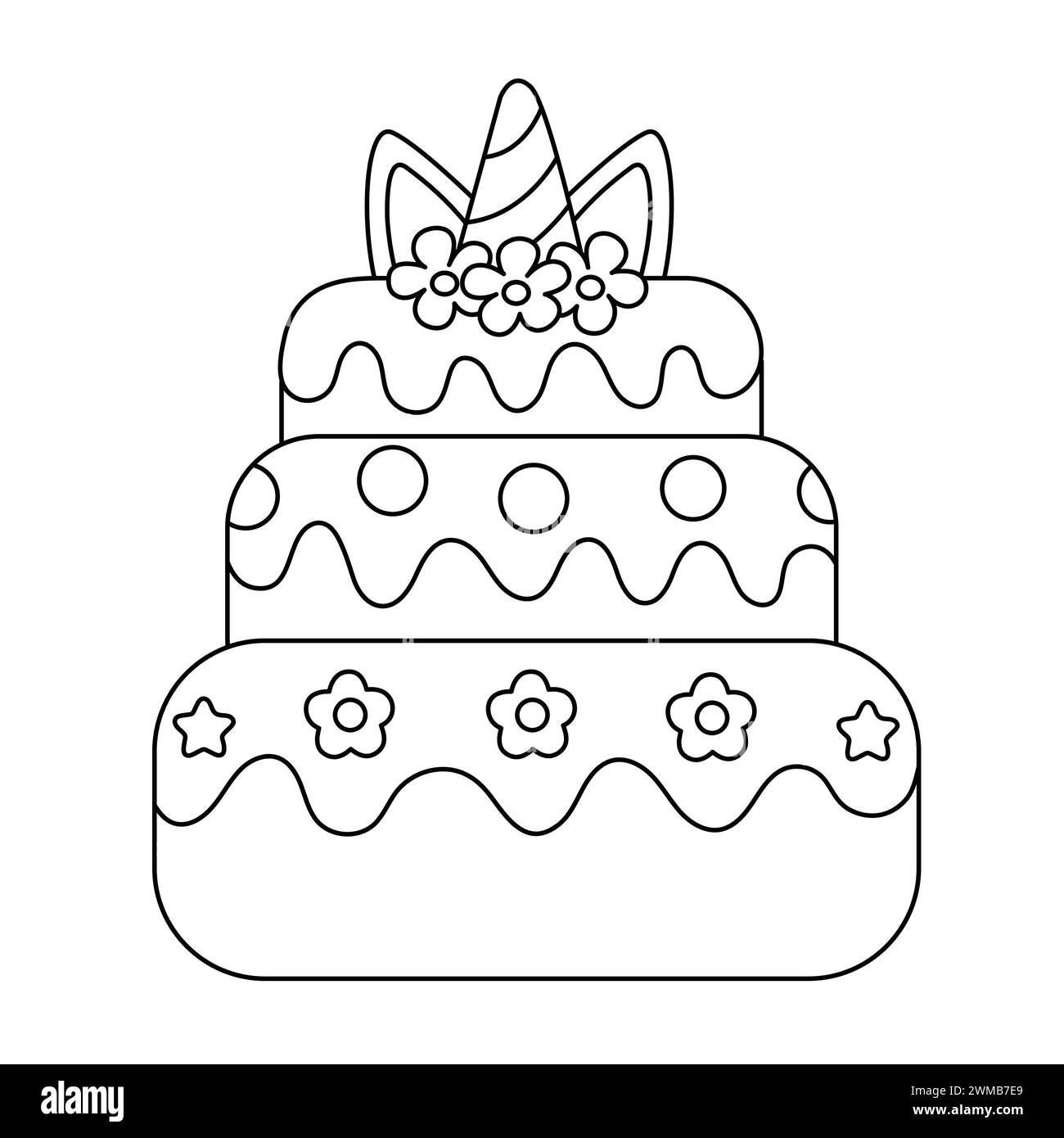Einhornkuchen Ausmalseite. Färbung Cartoon Geburtstagskuchen Mit Kerzen. Desserts Malbuch Illustration. Doodle-Stil. Tortendekoration Stock Vektor