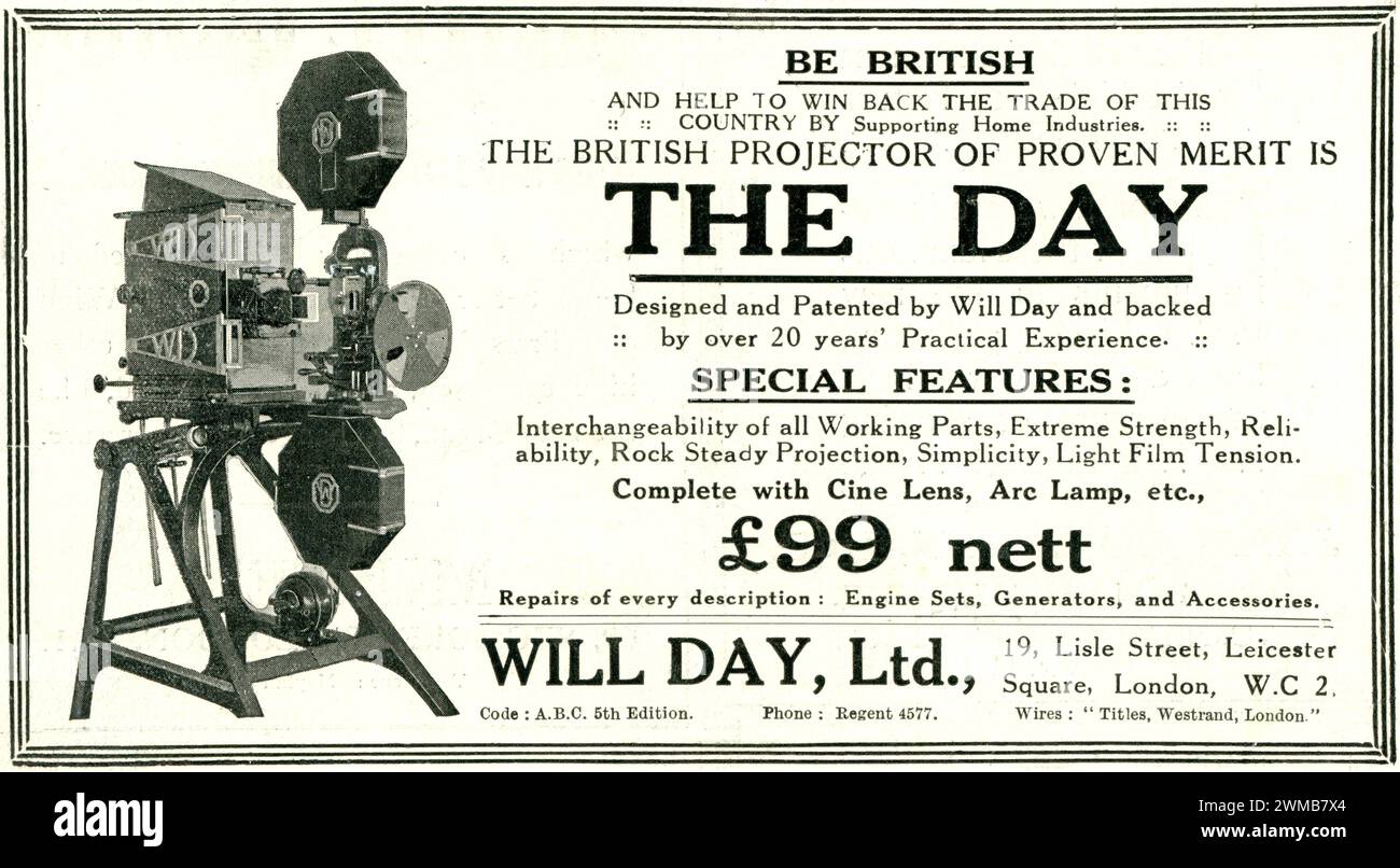 Werbung für den British Cinema Projector THE DAY entworfen und patentiert von will Day, Ltd, 19 Lisle Square, Leicester Square, London WC2 Stockfoto
