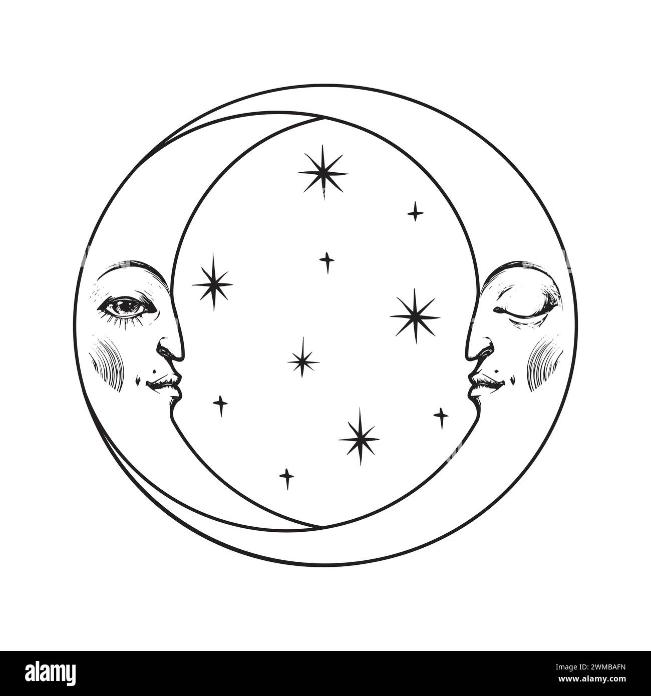 Zwei Halbmonde mit menschlichem Gesicht, aufsteigendem und abnehmendem Mond, Himmelssymbol, mystische Umrissentätowierung, Vektor-Logo, handgezeichnete Illustration isoliert auf W Stock Vektor