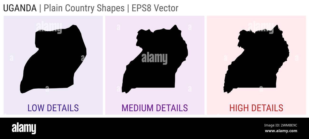 Uganda - einfache Landform. Niedrige, mittlere und hohe Detailkarten von Uganda. EPS8 Vektordarstellung. Stock Vektor