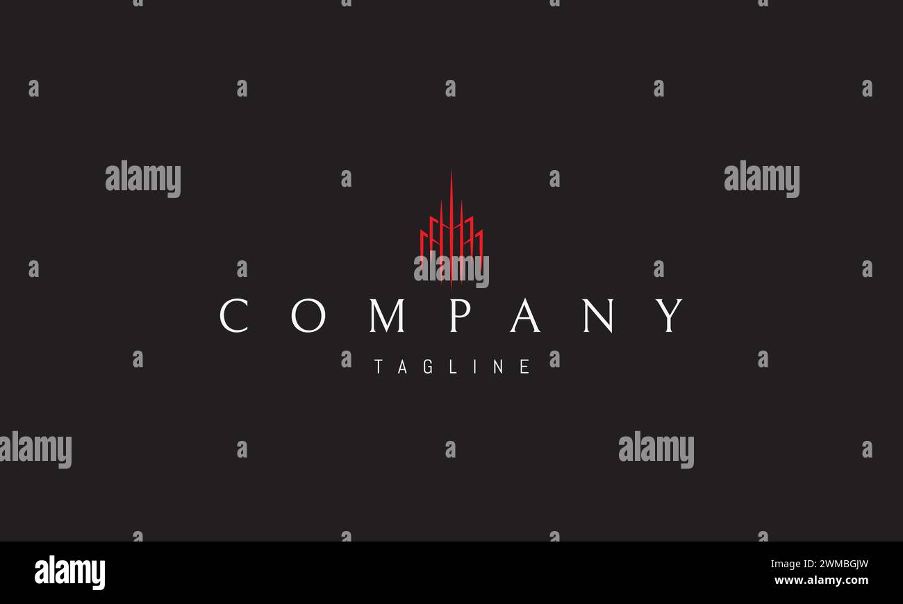 Ein vektorrotes Logo mit einem abstrakten Bild eines Wolkenkratzers aus scharfen Linien in Form des Buchstaben M. Stock Vektor