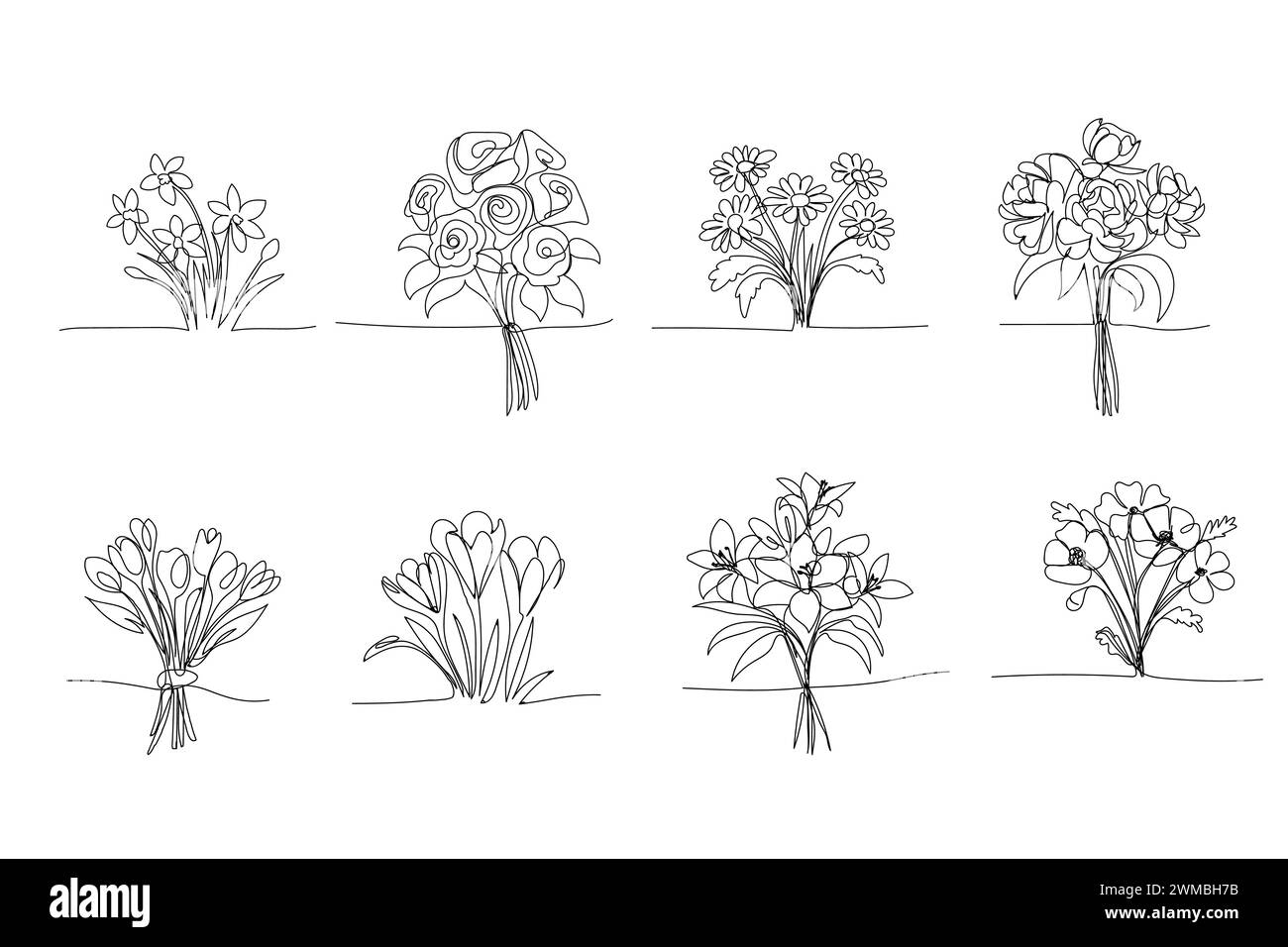 Strichkunst, Blumenstrauß, einzeilige Zeichnung. Schwarze Linie, Tulpen, Narzissen, Rosen. Vektor-Illustration der Frühlingsblumen Stock Vektor