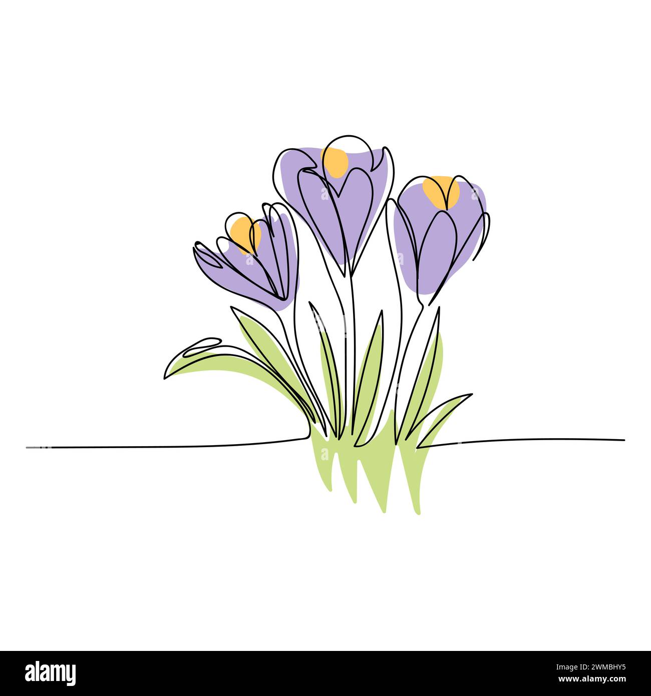 Strichkunst, Blumenstrauß Krokus Frühling und Sommer, Zeichnung mit einer Linie. Weißer Vektor-Hintergrund Stock Vektor