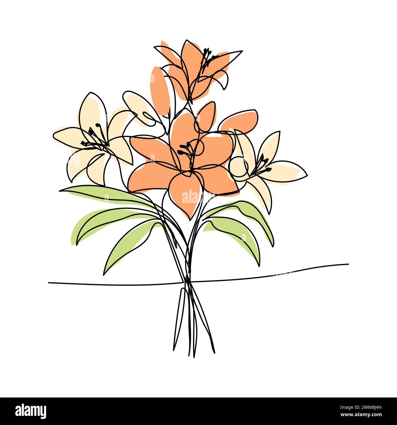 Strichkunst, Blumenstrauß von Lilien im Frühling und Sommer, Zeichnung mit einer Linie. Weißer Vektor-Hintergrund Stock Vektor