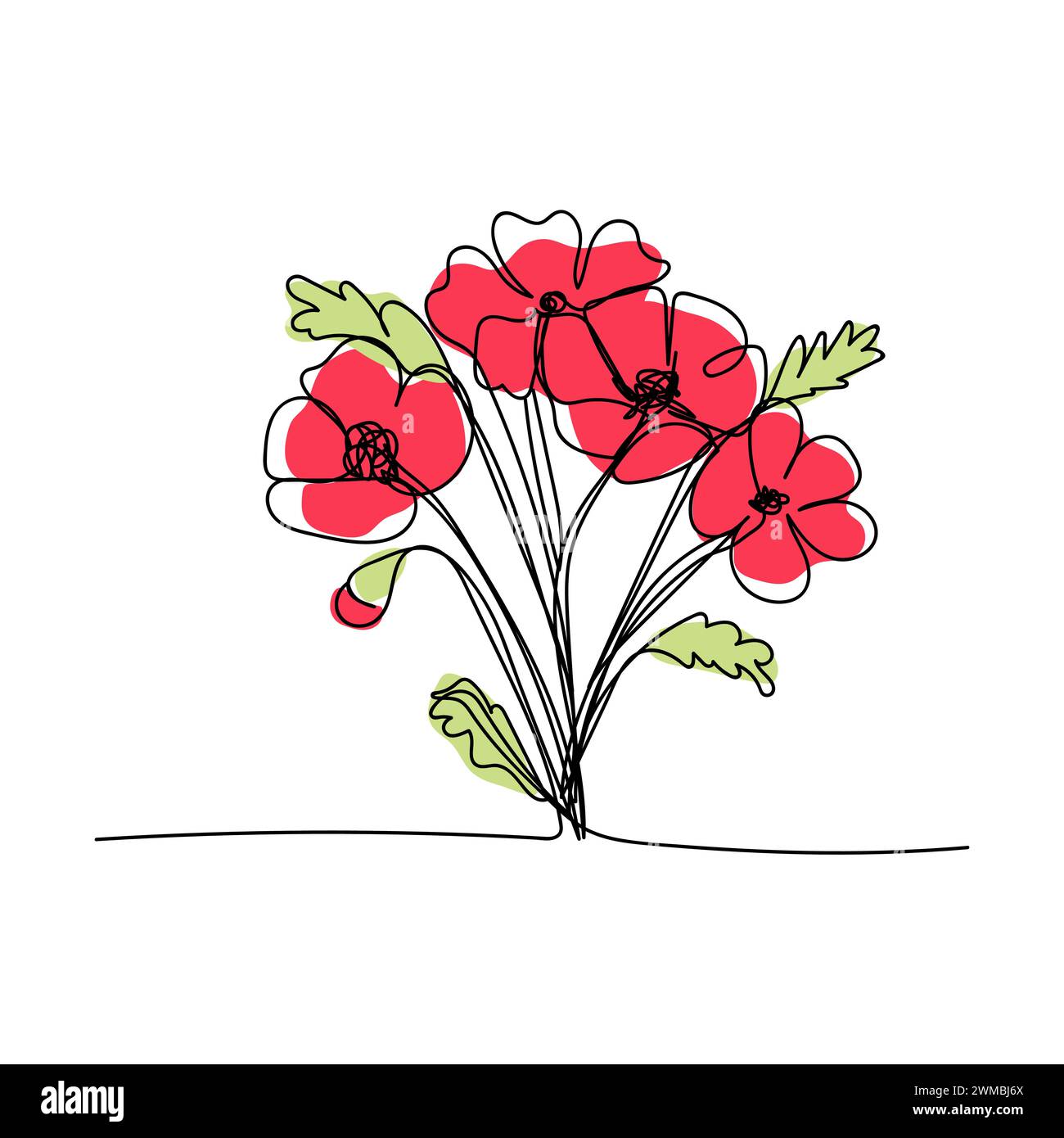 Strichkunst, Blumenstrauß Mohnblumen im Frühling und Sommer, einzeilige Zeichnung. Weißer Vektor-Hintergrund Stock Vektor