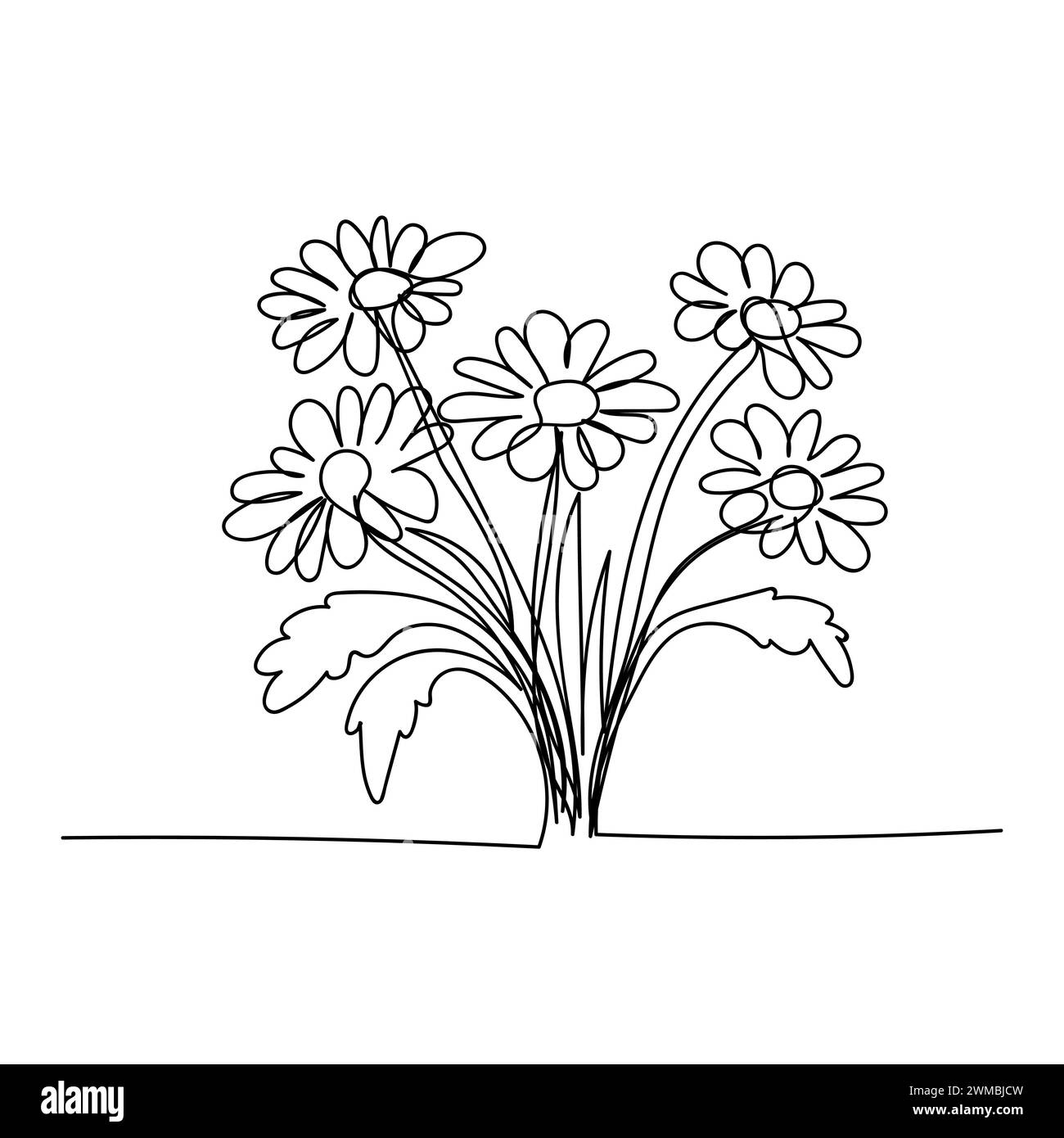 Strichkunst, Blumenstrauß Gänseblümchen Frühling und Sommer, Zeichnung mit einer Linie. Weißer Vektor-Hintergrund Stock Vektor